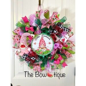 Handmade Summer Watermelon Gnome Prelit Ribbon Wreath 22 in LED W12